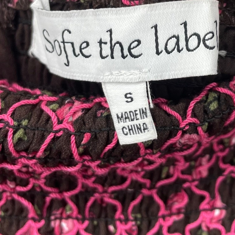 Sofie the label Size S Mini Dress Brown Pink Floral Smocked Puff Sleeve Coquette - Picture 5 of 6
